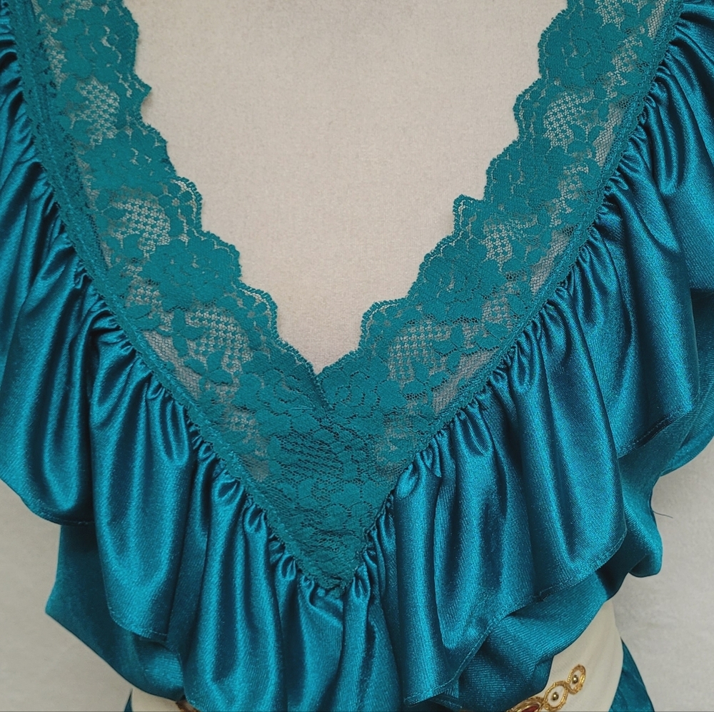 70s Vintage Lady Cameo Dallas Turquoise Lace Plunging Neckline Belted Jumpsuit M - Picture 4 of 14
